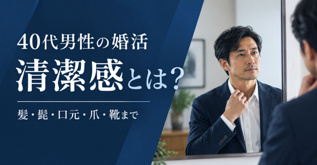 婚活前に鏡で身だしなみを確認する40代男性と「清潔感とは？」のタイトル