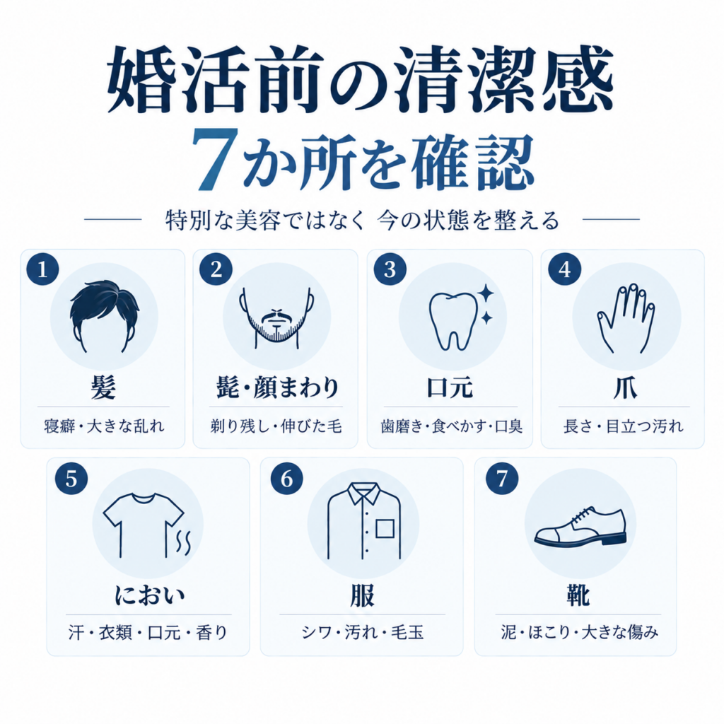 40代男性の婚活前に確認したい清潔感の7項目。髪・髭・顔まわり・口元・爪・におい・服・靴