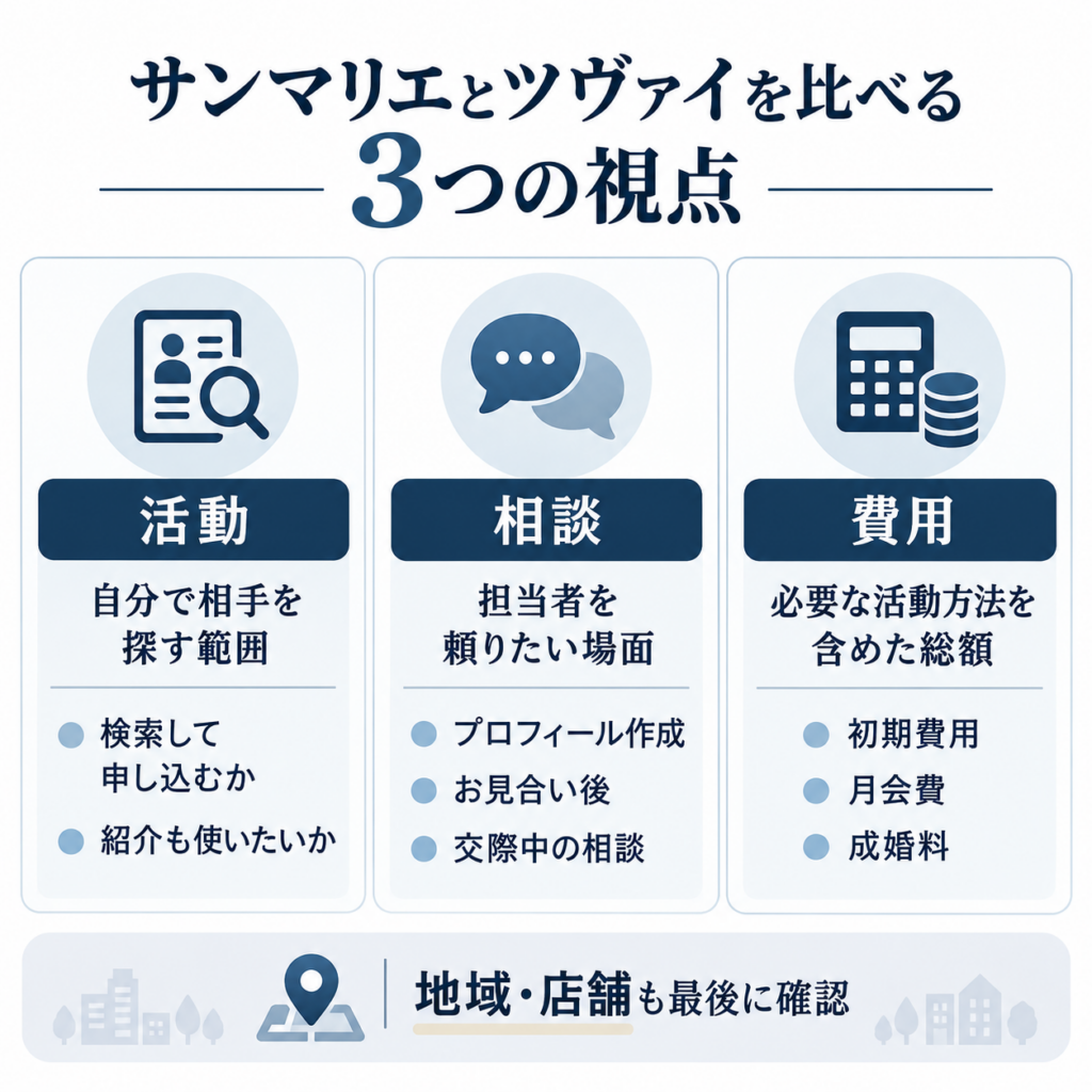 サンマリエとツヴァイを活動・相談・費用の3つの視点で比較する図解