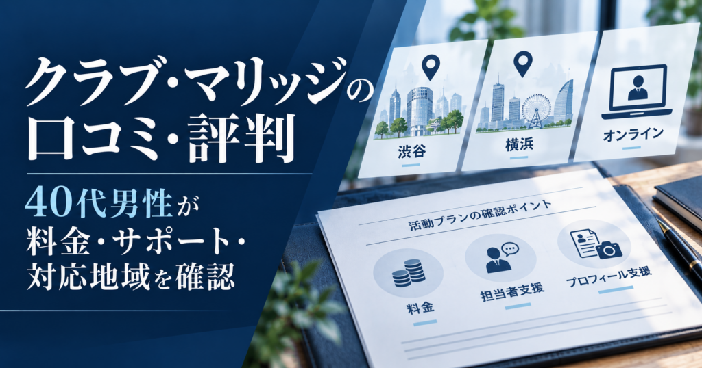 クラブ・マリッジの口コミ・評判を調べる40代男性向けに、渋谷・横浜・オンライン、料金、担当者支援、プロフィール支援を示したアイキャッチ