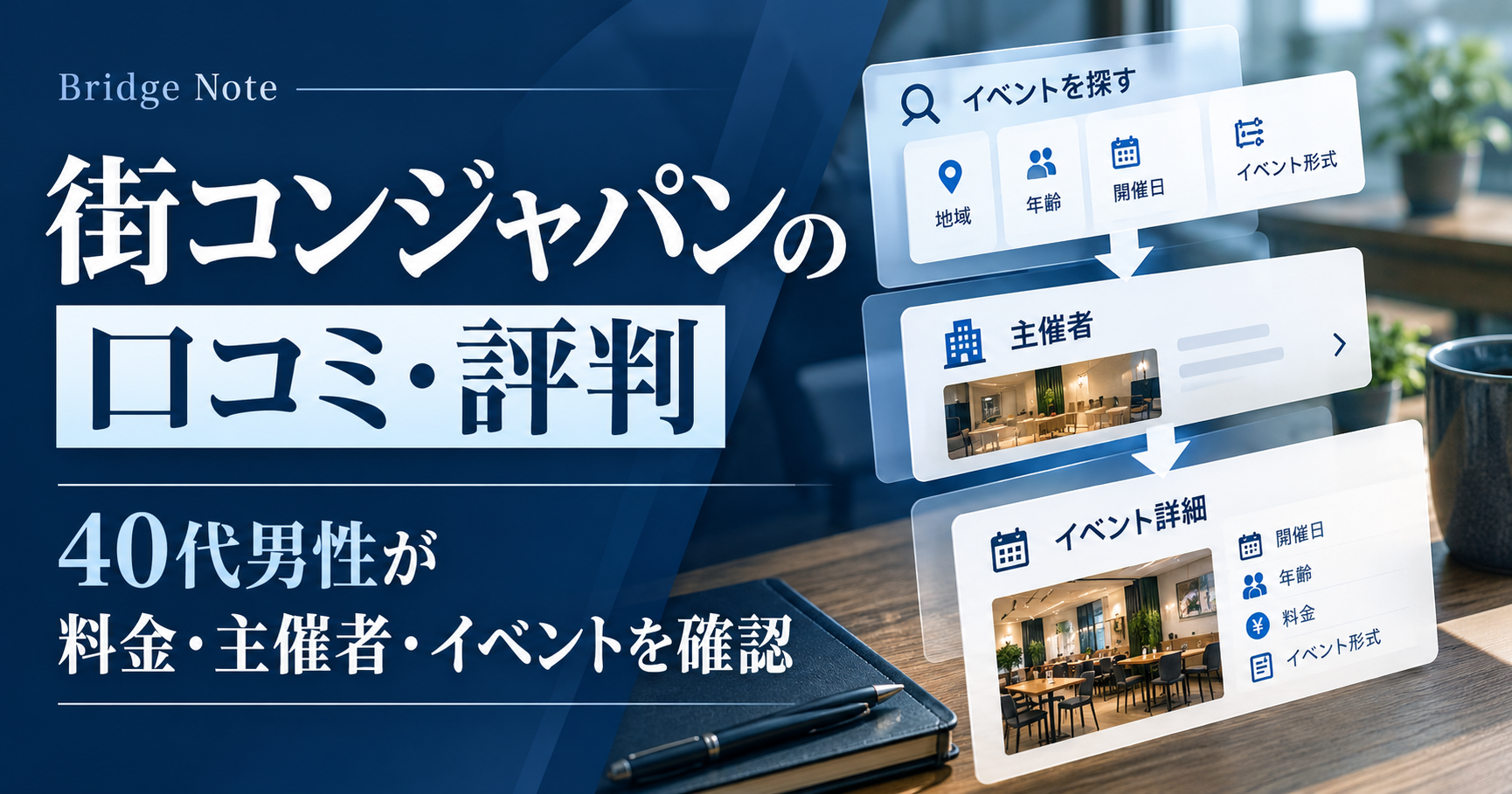 街コンジャパンの口コミ・評判と、40代男性が料金・主催者・イベントを確認する記事のアイキャッチ