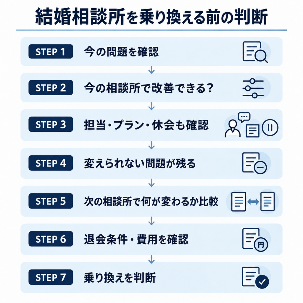 結婚相談所を乗り換える前に、現在の問題確認から改善、比較、退会条件・費用確認までの判断手順
