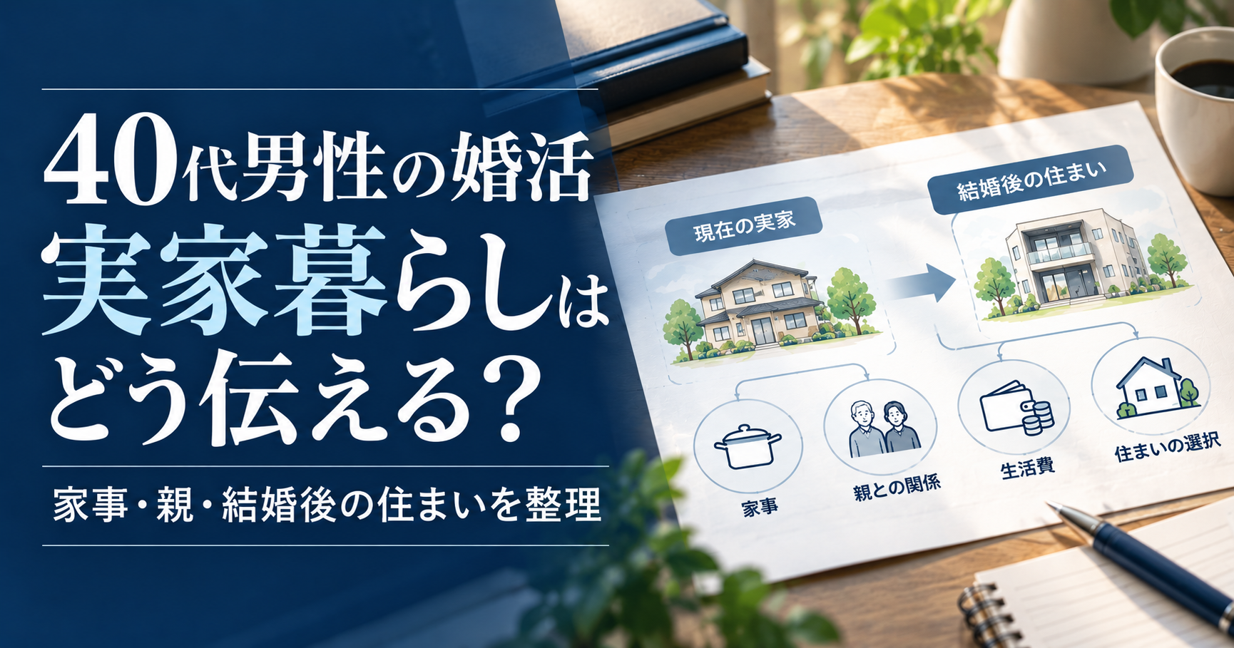 40代男性の婚活で実家暮らしと結婚後の住まいを整理するイメージ