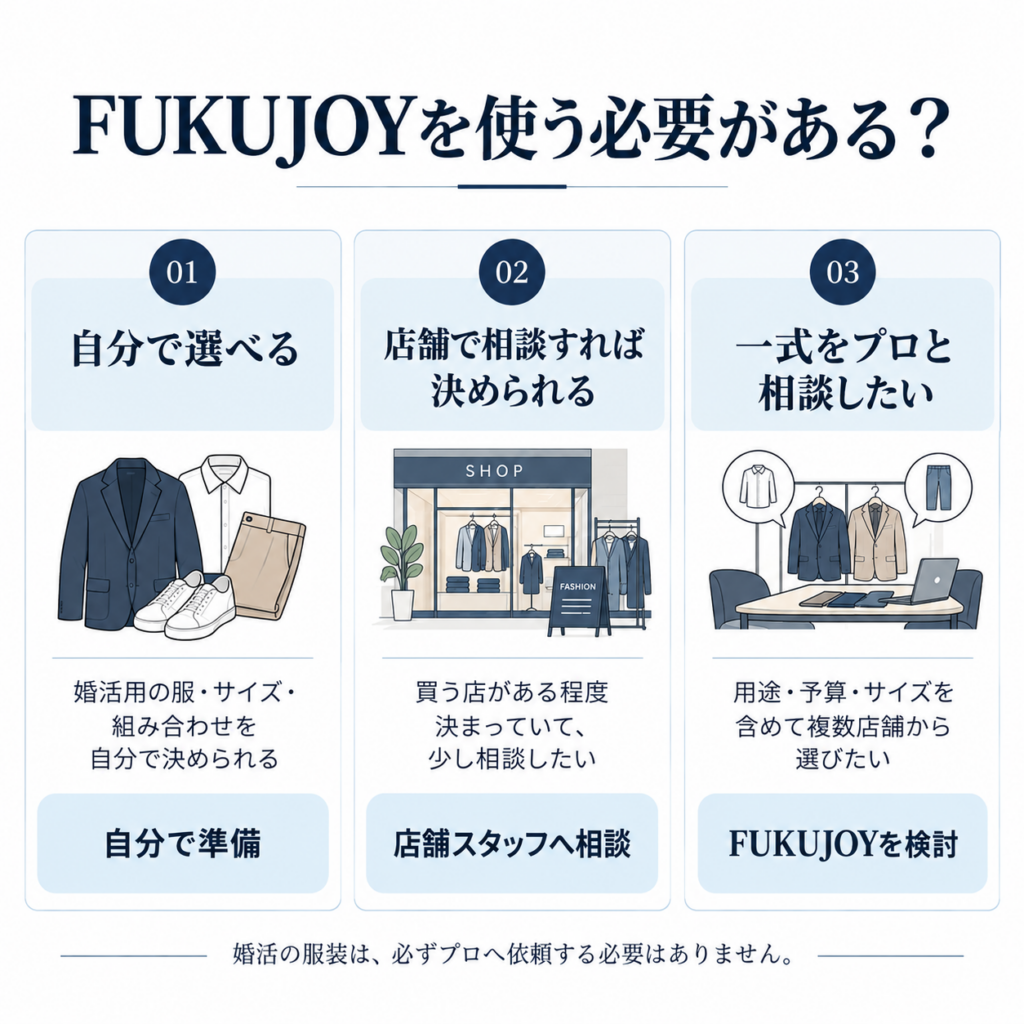 婚活の服選びを自分で行うか店舗スタッフに相談するかFUKUJOYを利用するかを比較する図