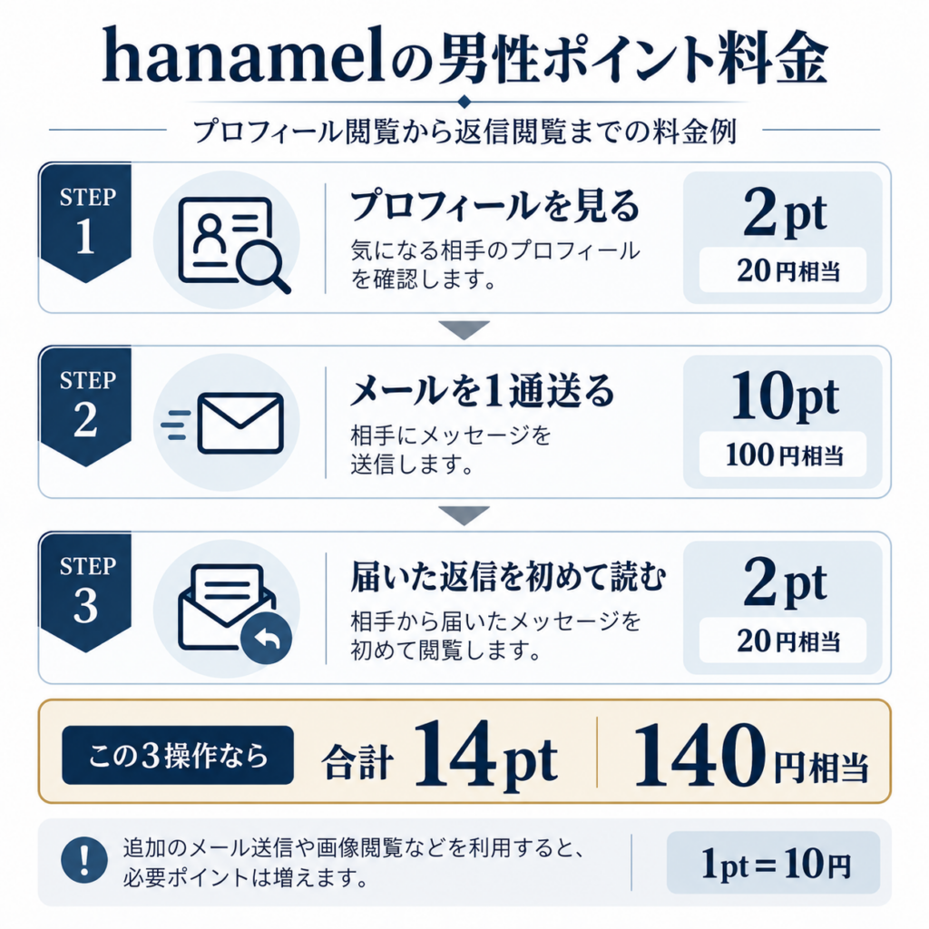 hanamelでプロフィール閲覧・メール送信・返信閲覧をした場合の男性ポイント料金例