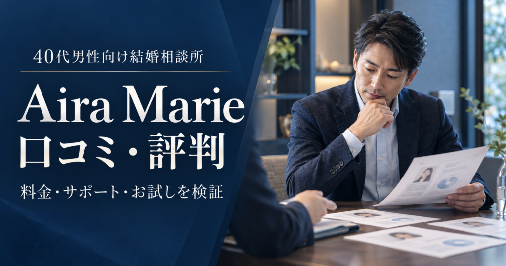 40代男性が婚活相談で資料を確認する様子と、Aira Marieの口コミ・評判を紹介するアイキャッチ