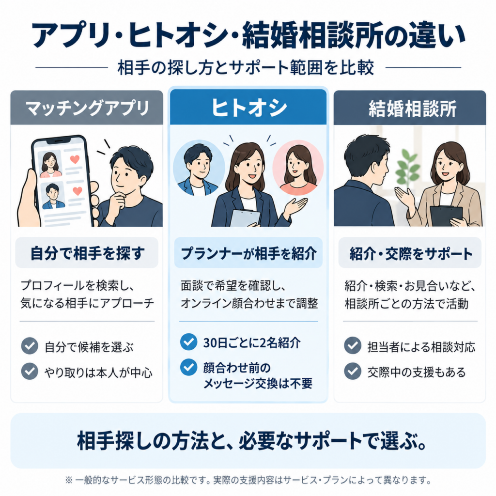 マッチングアプリ・ヒトオシ・結婚相談所の相手探しの方法とサポート範囲の違いを比較した図解