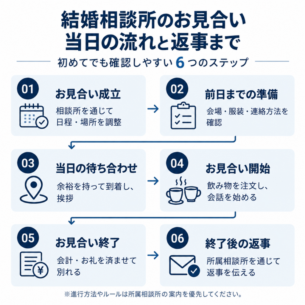 結婚相談所のお見合い成立から前日準備、待ち合わせ、会話、終了、相談所への返事までを示した6ステップの図解