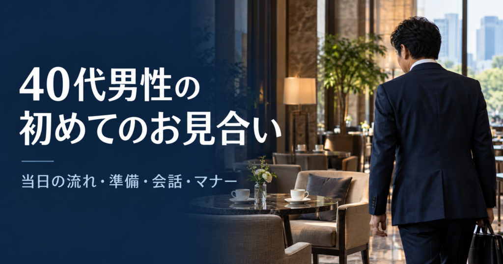 初めてのお見合いに向かう40代男性とホテルラウンジ