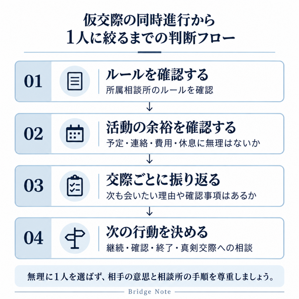 仮交際の同時進行から1人に絞るまでの4段階の判断フロー
