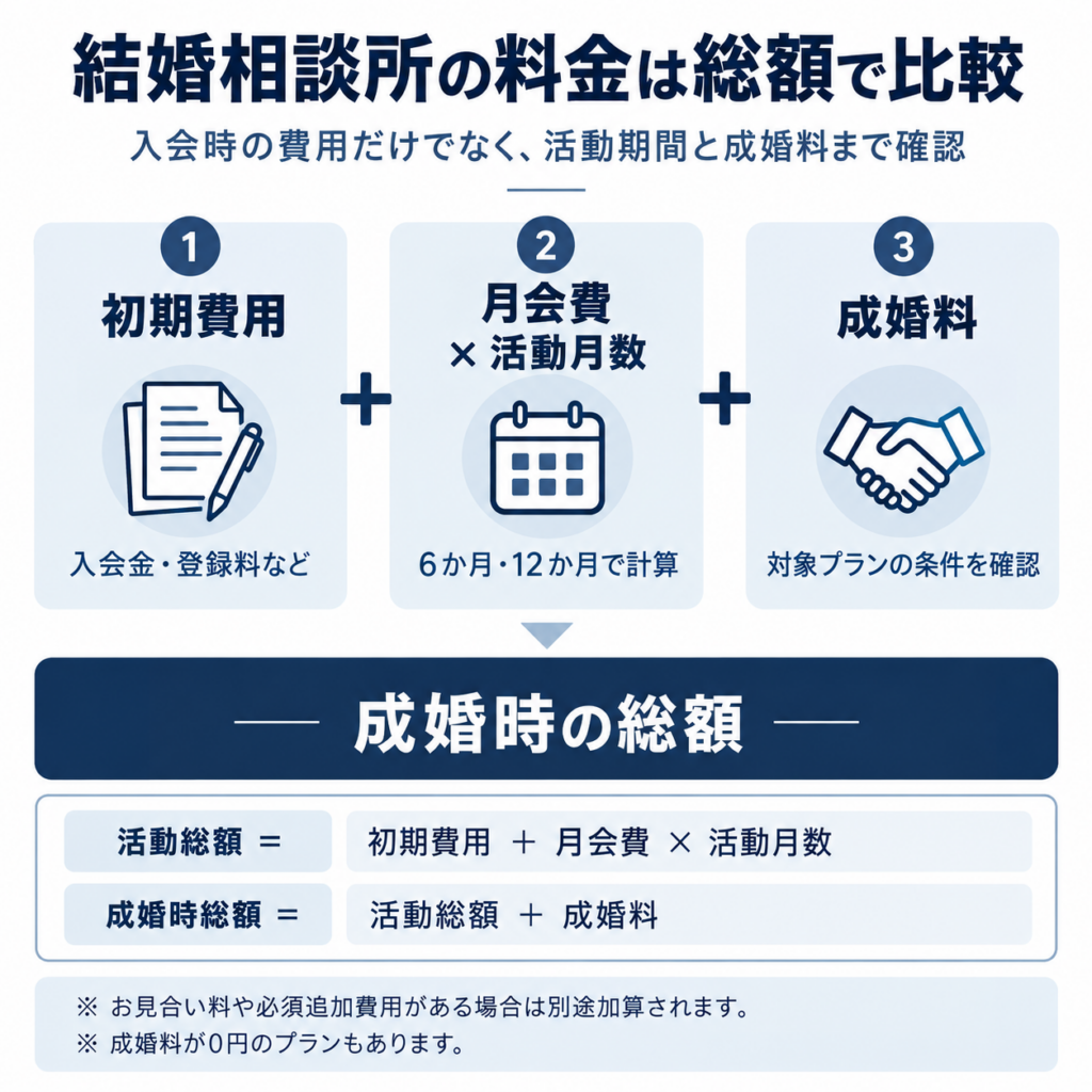 結婚相談所の初期費用、月会費と活動月数、成婚料を合計して活動総額と成婚時総額を計算する図解