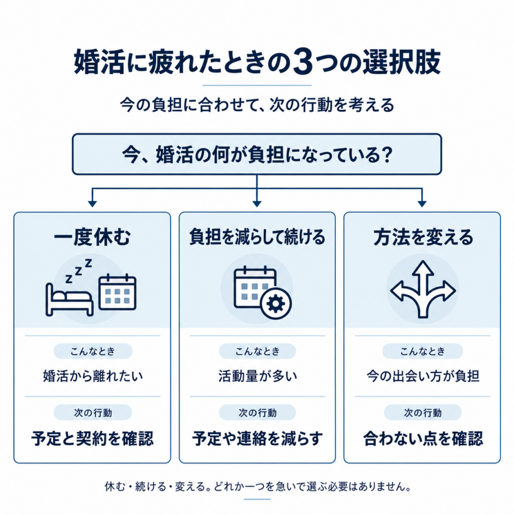 40代男性が婚活に疲れたとき、休む・負担を減らして続ける・方法を変えるという3つの選択肢を示した判断フロー