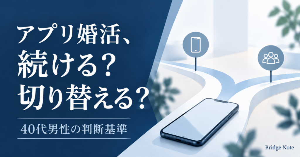 アプリ婚活を続けるか結婚相談所へ切り替えるかを考える40代男性向けの記事アイキャッチ