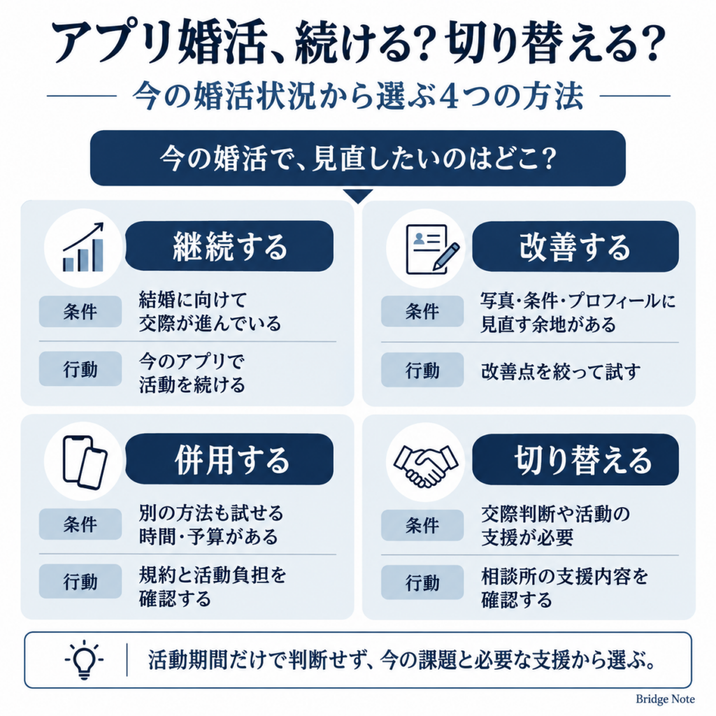 アプリ婚活を継続・改善・併用・結婚相談所へ切り替える4つの判断基準