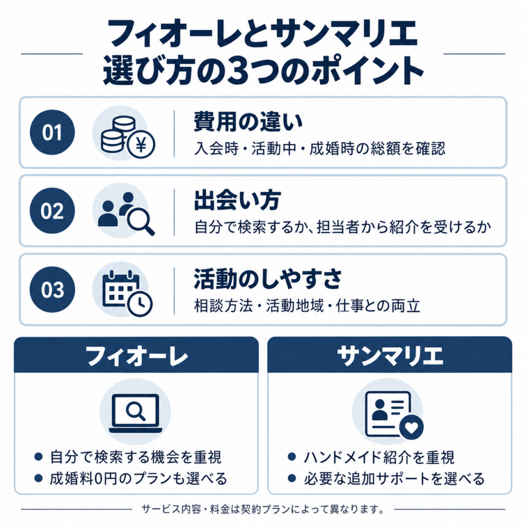フィオーレとサンマリエの選び方を、費用・出会い方・活動のしやすさの3つのポイントで比較した図解