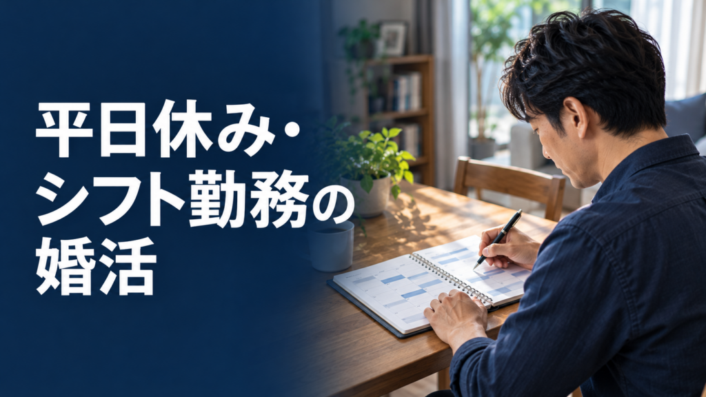 平日休み・シフト勤務の婚活。自宅で週間予定表に予定を書き込む40代男性