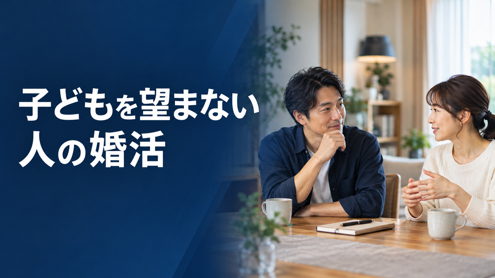 子どもを望まない人の婚活｜落ち着いた室内で将来の暮らしについて話し合う40代前後の男女